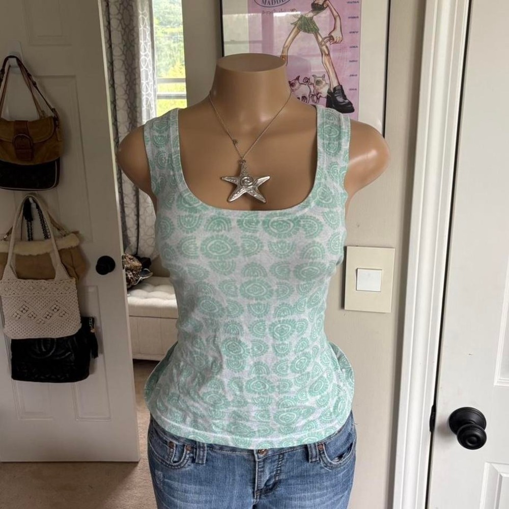 y2k 2000s silk mint green paisley tank top fitted